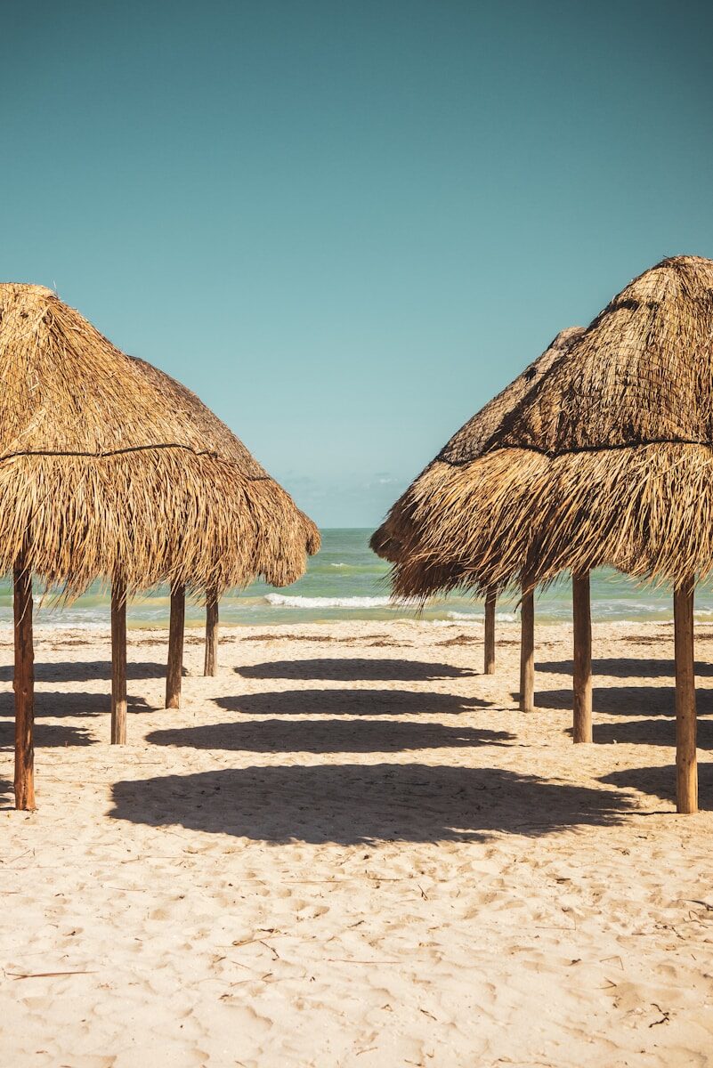 brown wooden nipa hut on beach during daytime
