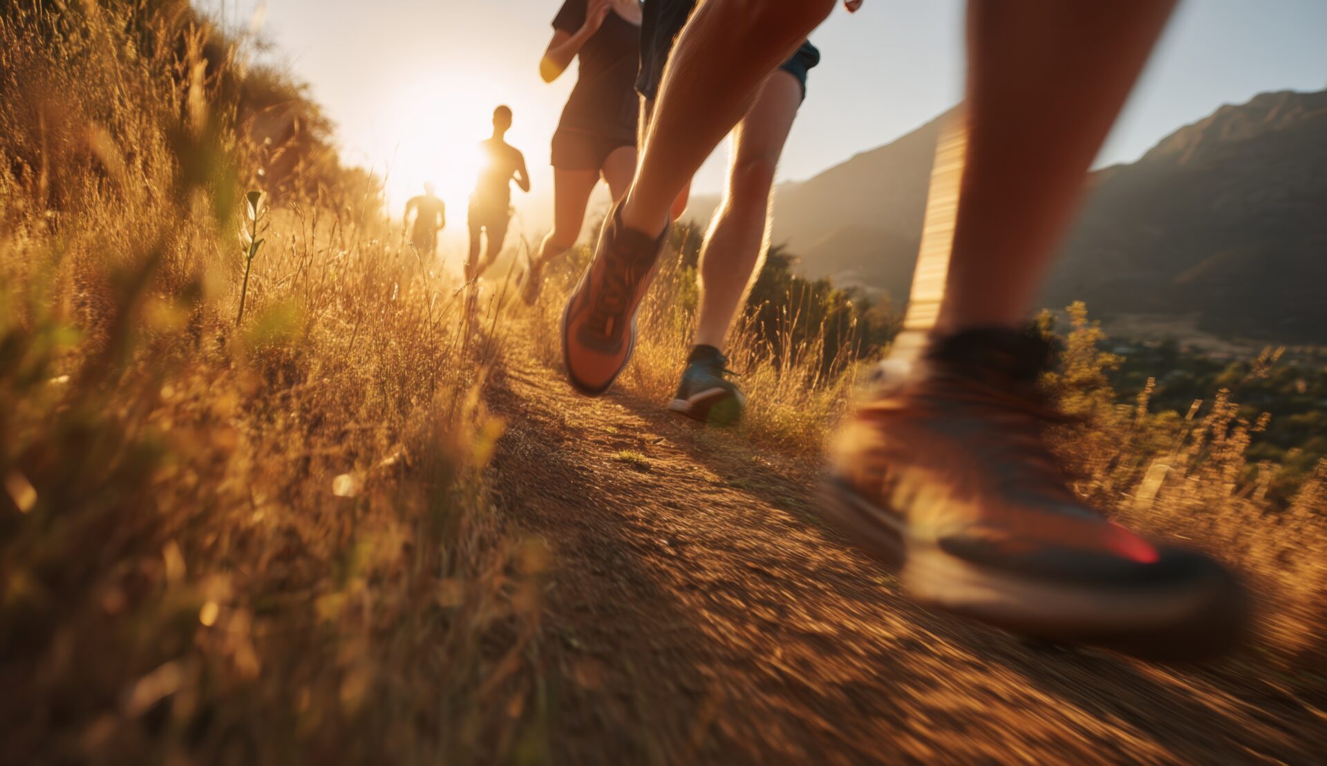 Runners sprint across golden trails at sunrise, enjoying healthy lifestyle outdoors